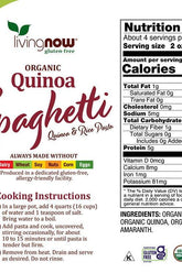 Now Foods Organic Quinoa Spaghetti Pasta packaging, gluten-free and allergen-friendly, with nutrition facts.